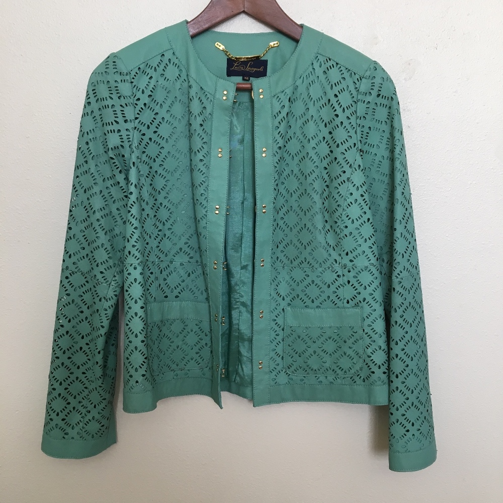 Luisa Spagnoli perforated teal genuine leather jkt